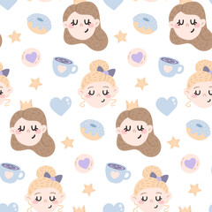 cute vector seamless pattern with girly faces, hearts, donuts, stars and cups of tea and coffee, princesses. cartoon background. children's print.
