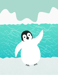 Cute penguin greeting card on winter background with ocean. Winter character
