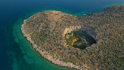 Aerial drone photo of volcanic crater created many years ago