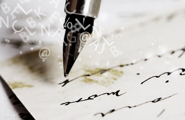 Fountain pen on an antique handwritten letter. Old history background. Retro style.