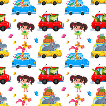 Funny cartoon cars with a crocodile, giraffe and hippo as drivers. Child girl and cars. Seamless pattern with transport and animals in a cute childish style.
