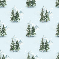 Watercolor seamless pattern of New Year's elements in the snow-capped mountains, snow-covered coniferous trees