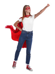 Confident woman wearing superhero cape and mask on white background