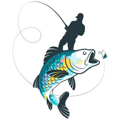 Fisherman with a fishing rod in his hands. The fish jumps for bait. Sport fishing symbol