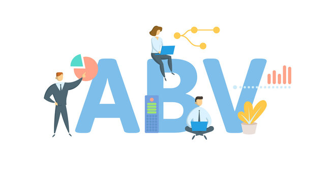 ABV, Accredited in Business Valuation. Concept with keyword, people and icons. Flat vector illustration. Isolated on white.