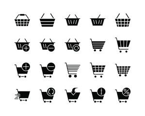 Shopping baskets and carts flat line icons set. Collection from various cart icons in various shapes. Simple flat vector illustration for web site or mobile app