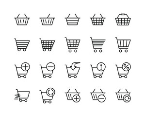 Shopping baskets and carts flat line icons set. Collection from various cart icons in various shapes. Simple flat vector illustration for web site or mobile app © Kasya_2k