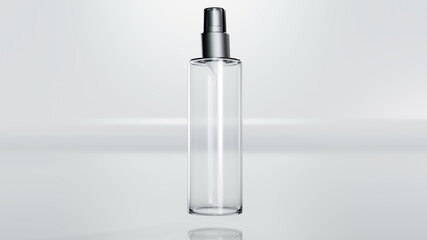 Instant antiseptic hand sanitizer mist spray, antibacterial alcohol liquid. One transparent plastic bottle with atomizer pump isolated on white background, studio shot. 3d render