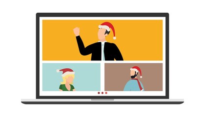 People wishing Merry Christmas and Happy New Year, celebrating holiday and giving gifts via video call or web conference in 2022. Flat vector illustration for web, banner, poster