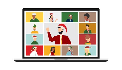 People wishing Merry Christmas and Happy New Year, celebrating holiday and giving gifts via video call or web conference in 2022. Flat vector illustration for web, banner, poster