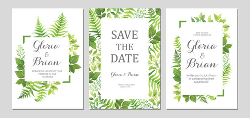 Wedding invitation with green leaves border. Invite card with place for text. Frame with forest herbs. Vector illustration.