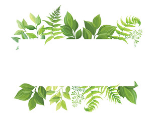 Green leaves frame template. Floral border with place for text. Forest herbs design. Vector illustration..