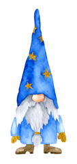 Watercolor Wizard Gnome. Old cute Magician with long beard and blue hood with stars. Hand painted illustration in Cartoon style on white isolated background