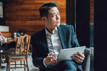 Handsome Asian Businessman Using Digital Tablet in a Cafe. 
Serious business man in blue suit working on a digital tablet while sitting in a restaurant and looking away.