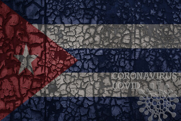 flag of cuba on a old metal rusty cracked wall with text coronavirus, covid, and virus picture.