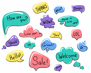 Set of speech bubble Clouds for online chat with different words and colored shapes. Vector flat Illustration isolated on white background