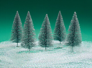 Winter polar light inspired concept. Minimal arrangement with five trees.