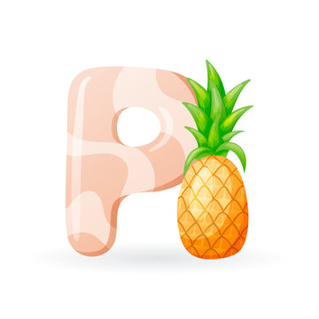 Kids banner with english alphabet letter P and cartoon image of tropical pineapple fruit with foliage.