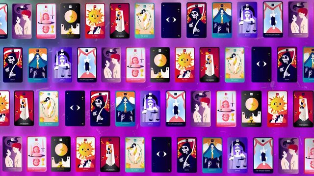 Different kind of Tarot cards. Blue and pink background and different kid of Tarot cards.