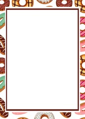 Sweet donuts in a frame. Template for postcard, menu, invitations, card, packaging. White background.