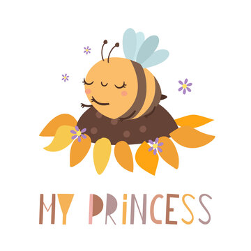 Print cute bee on a sunflower. Honey bee, my princess, print for a girl