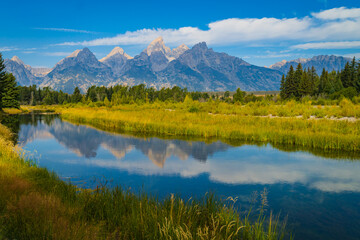 beautiful reflection of the Grand Teton Mountain Range in the water near Schwabacher Landing on the Snake River in Wyoming
