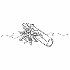 Vector continuous one single line drawing icon of cinnamon stick and one anise star in silhouette on a white background. Linear stylized.