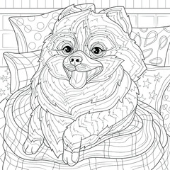 Spitz dog in a blanket and with pillows.Coloring book antistress for children and adults. Illustration isolated on white background.Zen-tangle style. Hand draw