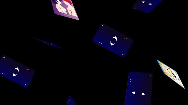 Animation of falling tarot cards. Close up video of the falling tarot cards and the white background.