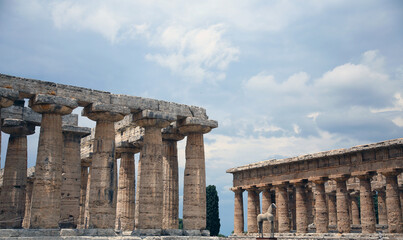 Naklejka premium Partial view of the temple of Neptune and the so-called Basilica, excavations of Paestum, Campania, Italy