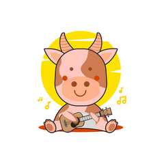 Cute cartoon cow playing guitar design vector