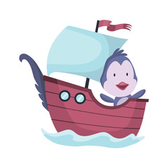 Cute penguin animal sailing on boat. Vector funny cartoon sailor on sailboat with water waves isolated on white background. Baby character