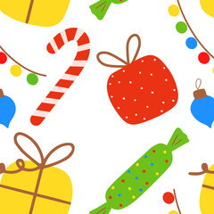 Christmas pattern with gifts, sweets and other placeholders. Vector