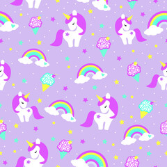 Seamless pattern with unicorns, rainbow, ice-cream, confetti, stars and other elements.Cute fairytale animals, pony unicorns with rainbow, cloud, stars. Fairy tale unicorns background illustration. 