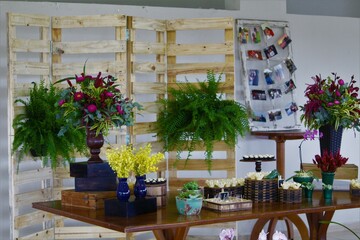 Decoração rústica de aniversário, casamento ou evento. Flores, painel de madeira, samambaia, painel de fotos e docinhos.