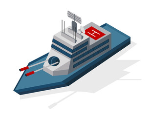 Isometric war ship. Tactical ship with weapons and a place to land a helicopter. Vector isometric icon or infographic element. Ocean transport