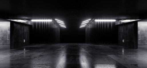 Dunkler Beton führte weiße Lichter Unterirdischer Tunnelkorridor Zementasphalt Kellerflur Lagertunnelkorridor Metallstruktur Realistische leere 3D-Darstellung