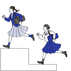 A simple line drawing with a white background that imagines a young Asian cute girl wearing a uniform and running with a smile and going up the stairs and stepping up