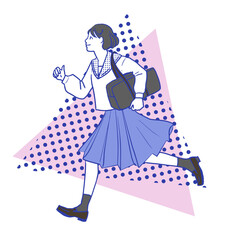 A simple line art of emo touch and color of a cute girl with short hair of a young Asian bob running in a sailor suit