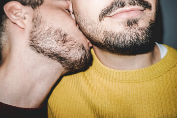 Gay male couple kissing on the neck - Lgbt, homosexual love concept - Vintage filter