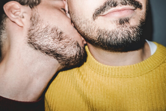 Gay male couple kissing on the neck - Lgbt, homosexual love concept - Vintage filter