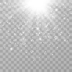 Vector illustration of flying snow on a transparent background.Natural phenomenon of snowfall or blizzard.