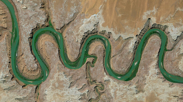 Green River Meanders And Labyrinth Canyon Looking Down Aerial View From Above – Bird’s Eye View Green River And Labyrinth Canyon, Utah, USA