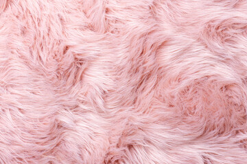 Pink fur texture top view. Pink sheepskin background. Fur pattern. Texture of pink shaggy fur. Wool texture. Sheep fur close up