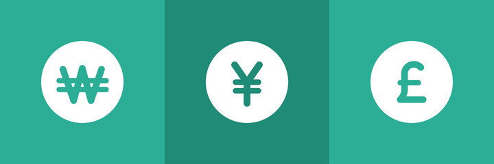 Set of 3 currency symbols on green background.  Won, Yen and British pound icons.