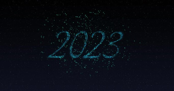 Animation of 2023 in shimmering blue letters and fireworks
