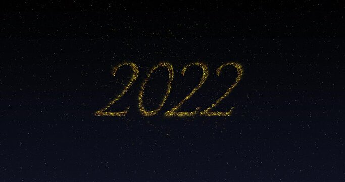 Animation of 2022 in shimmering gold letters and fireworks