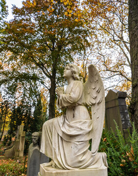 Ein Engel mit betenden Händen kniet vor einem Grabstein mit Blick zum Himmel