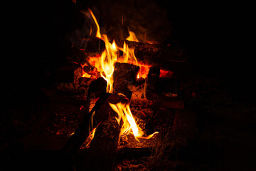 Uma fogueira com lenha queimando. Fogo.
