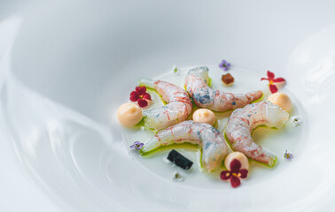 Haute cuisine recipe based on vegetable gel, shrimp decorated with small flowers. The cooking recipe on a large plate with a white background.